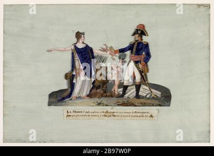 Allegorie von Frankreich und Napoleon Bonaparte, erster Consul Jean-Baptiste Lesueur (1749-1826). "Allégorie de la France et de Napoléon Bonaparte, Premier Consul". Gouache sur carton découpé collé sur une feuille de papier lavée de bleu. Paris, musée Carnavalet. Stockfoto