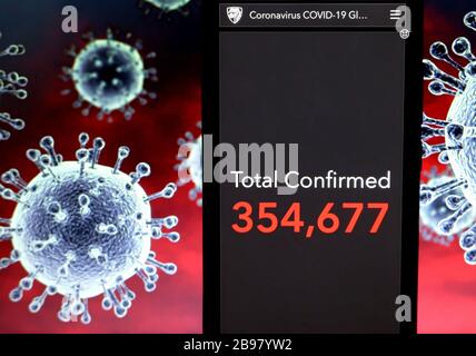 In dieser Abbildung ist die Coronavirus COVID-19 Global Injeced Cases Map des Center for Systems Science and Engineering (CSSE) an der Johns Hopkins University (JHU) auf einem Mobiltelefon zu sehen, auf dem Corona Virus Injected Patients Crossed 354677.Coronavirus (COVID-19) eine Infektionskrankheit ist, die sich über den gesamten ausbreitet Welt und mehr als 13000 Tote. Stockfoto