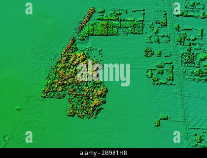 Dem - digitales Höhenmodell. Produkt, das nach der Verarbeitung von Bildern von einer Drohne hergestellt wurde. Es zeigt Dorf mit Häusern Stockfoto