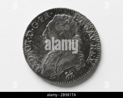 Halbem Schild mit silbernen Lorbeeren von Ludwig XVI. Im Jahre 17th Benjamin Duvivier (1730-1819). Demi-écu aux lauriers en argent de Louis XVI, 1711. Argent, 1791. Musée Carnavalet, Histoire de Paris. Stockfoto