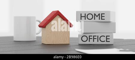 Heimarbeit von zu Hause aus mit Briefen und Holz-Miniatur-Haus-Illustration, neben Tasse Tee oder Kaffee weißer Hintergrund 3D-Rendering Stockfoto