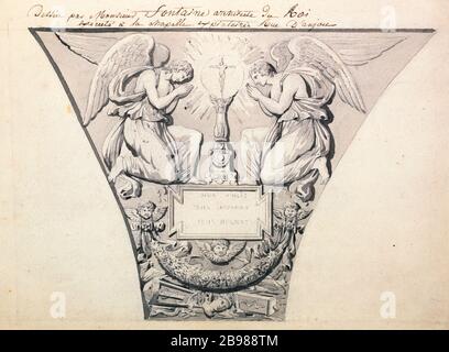 Projektspandrel für die Sündenkapelle (anc. Friedhof der Madeleine), rue d'Anjou, 8. Bezirk. Pierre-François-Léonard Fontaine (1762-1853). Projet d'écoinçon pour la chapelle expiatoire (anc. cimetière de la Madeleine), rue d'Anjou, 8ème-Bezirk. Pierre noire, Plume, lavis sur Papier beige, 1811-181. Paris, musée Carnavalet. Stockfoto