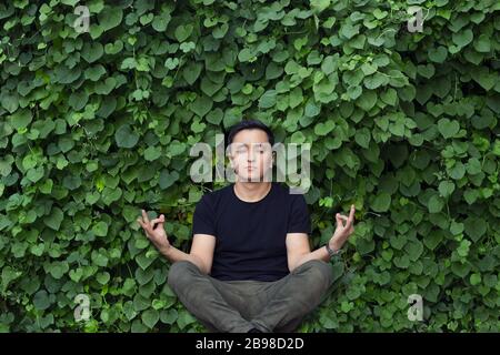 Junger asian in schwarzem T-Shirt, das Yoga posiert Stockfoto
