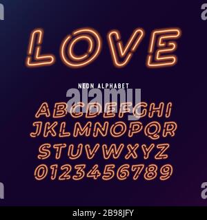 Neon Licht moderne Schrift. Vektor-Alphabet. Neonröhrchen Buchstaben und Zahlen auf dunklem Hintergrund. Stock Vektor
