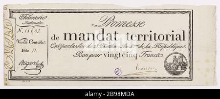 Promise Territorial 25 Francs Mandat, Serie 21 - Nr. 1860 28 Ventose Jahr 4. Gatteaux, Nicolas Marie (1751-32). Promesse de mandat Territorial de 25 Francs, série 21 - Nr. 1865, 28 Ventôse an 4. Typographie, encre. Paris, musée Carnavalet. Stockfoto