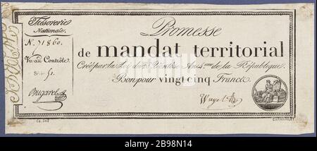 Promise Territorial 25 Francs Mandat Serie 51 - Nr. 71860, 28 Ventose Jahr 4. Gatteaux, Nicolas Marie (1751-32). Promesse de mandat Territorial de 25 Francs, série 51 - Nr. 71860, 28 Ventôse an 4. Typographie, Encre, contrecollé sur un papier bleu. Paris, musée Carnavalet. Stockfoto