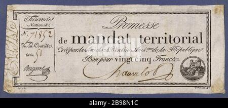 Promise Territorial 25 Francs Mandat Serie 51 - Nr. 71852, 28 Ventose Jahr 4. Gatteaux, Nicolas Marie (1751-32). Promesse de mandat Territorial de 25 Francs, série 51 - Nr. 71852, 28 Ventôse an 4. Typographie, Encre, contrecollé sur un papier bleu. Paris, musée Carnavalet. Stockfoto