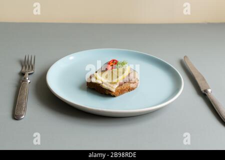 Sandwiches mit eingelegtem Hering mit Zitrone, Chili und Dill. Gesunde Ernährung. Minimalismus. Grauer Hintergrund. Stockfoto