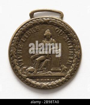 Republikstiftung "Live Free or die"; "die Monarchie ist in Frankreich abgeschafft", "173" (Dummy-Titel) République assise "Vivre libre ou mourir"; "La royauté est abolie en France". Cuivre, 17916. Paris, musée Carnavalet. Stockfoto