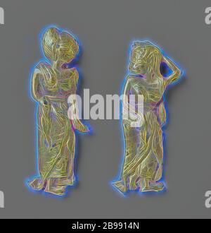 Zwei weibliche Figuren, zwei weibliche Figuren, Göttliche Nymphe, ist wahrscheinlich Teil eines Kopfschmuck für Frauen., anonym, Oost-Java, c. 1300 - c. 1400, Gold (Metall), repoussé, H 3.5 cm × B 1.3 cm × B 1.45 gr × H 3.2 cm × B 1.7 cm × B 1.31 gr, neu gestaltet von Gibon, Design von warmen fröhlich glühen von Helligkeit und Lichtstrahlen Ausstrahlung. Klassische Kunst neu erfunden mit einem modernen Twist. Fotografie inspiriert von Futurismus, umarmt dynamische Energie der modernen Technologie, Bewegung, Geschwindigkeit und Kultur revolutionieren. Stockfoto