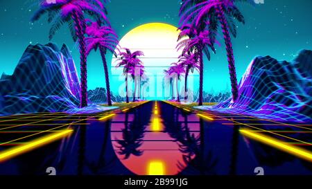 80er Jahre Retro futuristischer Sci-Fi-Hintergrund. VJ Videobame-Landschaft mit Neonlicht Stockfoto