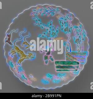 Untertasse mit Bambus, prunus, Tiger und einem chinesischen Jungen, Porzellangeschirr mit gerippter Wand und gelapptem Rand, auf der Glasur in blau, rot, grün, gelb, schwarz und Gold lackiert. Auf der Vorderseite ein tanzender chinesischer Junge zwischen drei Tigern auf der einen Seite und Bambus und prunus Zweigen hinter gefesselten Hecken auf der anderen. Famille verte im japanischen Kakiemon Stil, anonym, China, c. 1700 - c. 1724, Qing-Dynastie (1644-1912) / Kangxi-Periode (1662-1722) / Yongzheng-Periode (1723-1735), Porzellan (Material), Glasur, Gold (Metall), Vitrifikation, H 4.5 cm T 25 cm T 13 cm H 7 cm × B 63.5 cm × T 44.5 cm, neu erfunden von Stockfoto