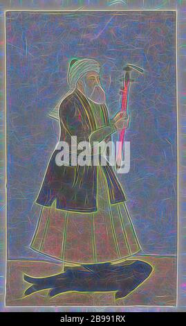 Der Heilige Khwaja Khadir mit einem Schwert in der Hand. Auf einem Fisch stehend, vor einem grau-grünen Hintergrund, auf einem grauen Fisch mit hellgrünem Hintergrund darunter steht der heilige im Profil nach rechts, hält das Schwert senkrecht vor ihm in beiden Händen. Die Performance wird von zwei breiten dekorativen Bändern in schlichtem Blau und Orange mit dünnen weißen und schwarzen Linien eingerahmt., Anonym, Dekan, 1800 - 1899, Papier, Deckfarbe, Gold (Metall), Malerei, H 234 mm × B 173 mm, neu gestaltet von Gibon, Design von warmen fröhlich glühen von Helligkeit und Lichtstrahlen Strahlkraft. Klassische Kunst neu erfunden mit einem modernen t Stockfoto