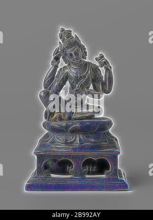 Avalokiteshvara Avalokitesvara, Awalokitesvara, sitzend, vierarmige auf doppeltem Lotuskissen auf Bronzefuß, verschiedene Symbole in den vier Händen., anonym, Indonesien, 870 - 930, Bronze (Metall), Silber (Metall), Gründung, H 9.5 cm × B 6.0 cm × T 4.6 cm, neu gestaltet von Gibon, Design von warmen fröhlich glühen von Helligkeit und Lichtstrahlen Strahlkraft. Klassische Kunst neu erfunden mit einem modernen Twist. Fotografie inspiriert von Futurismus, umarmt dynamische Energie der modernen Technologie, Bewegung, Geschwindigkeit und Kultur revolutionieren. Stockfoto