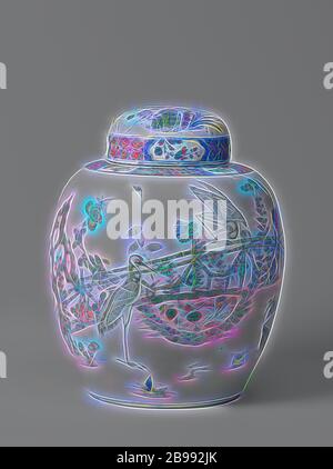 Eiförmig abgedeckt Glas mit zwei Kränen in einem eingezäunten Garten, eiförmige Porzellan abgedeckten Topf, malte auf der Glasur in Blau, Rot, Grün, Gelb, Aubergine und Schwarz. An der Wand ein eingezäunter Garten mit zwei Kränen, einer ständigen und einer auf dem Zaun, durch einen Teich mit Lotus Pflanzen, einen Rock und ein blühender Baum (Magnolia). Pflanzen, die blühen rund um den Teich (Chrysantheme, schöne Nelke, Pfingstrose, Aster, Lilie) und zwei Blumentöpfe mit Kiefer, Bambus und orange. Einen Papagei auf einem Regal in der Magnolie. Auf der rechten Seite zwei fliegende Vögel. Serviette arbeiten auf der Schulter mit blume Sprays in Kartuschen durchsetzt. Die l Stockfoto