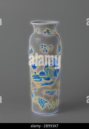 Hülse vase Vase (Blättern) mit blume Sprays und (mythologische) Tiere, Vase (Blättern) aus Porzellan, in unterglasur blau lackiert. An der Wand zwei fächerförmige Fächer mit einem Adler auf einem Felsen in der Nähe von Pflanzen und ein mythologisches Tier in einem eingezäunten Garten mit einem Lotus. Separate Blume Sprays Um das Boxen. Auf dem Hals blühende Pflanzen in der Nähe von einem Felsen und Insekten. Übergangszeit Porzellan in Blau und Weiß., anonym, China, C. 1635 - C. 1650, Ming-Dynastie (1368-1644)/Ch'ing-Dynastie (1644-1912)/Chongzhen-Periode (1628-1644)/Shunzhi-Periode (1644-1661), Porzellan (Material), Glasur, Cobalt (Mineral), v Stockfoto