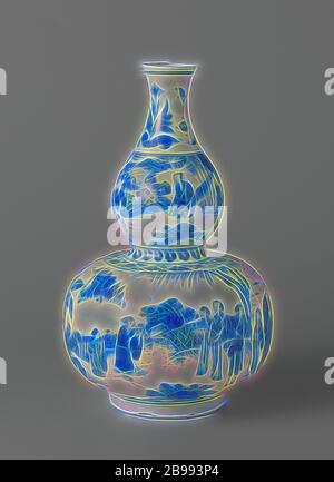 Kürbis - geformte Flasche Doppelklicken Kürbis Vase mit einer chinesischen Frau und Mann mit ihren Begleitern in einer Landschaft, Calabash-förmige Porzellan Vase mit einem sich ausbreitenden Hals, in unterglasur blau lackiert. Auf dem Bauch eine kontinuierliche Darstellung der Sitzung eines chinesischen Dame und den Herrn mit ihrem Gefolge in einer Landschaft, die man präsentiert eine Blume an die Frau, auf der Schulter, eine Band mit floralen Schriftrollen und einem dekorativen Band, der obere Teil mit einer sitzenden Mann in eine Landschaft in der Nähe von stein und Bambus, ein Diener ihn bietet ein Objekt, der Hals zweimal eine Tulpe Motiv, zwischen denen Wertsachen (Pearl, Hupe). Übergangszeit Stockfoto