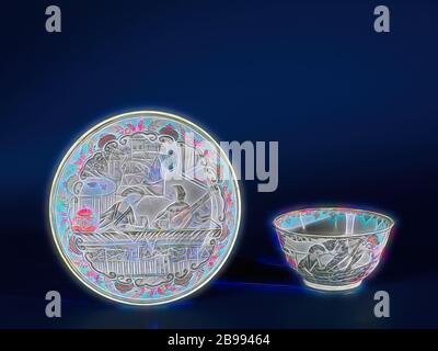 Untertasse mit einer Dame und Gentlement mit einer Mandoline, Porzellan Teller, malte auf der Glasur in blau, rot, rosa, schwarz und gold. Auf dem Schelf der Schale a gelappt Kartusche mit einer europäischen Dame und den Herrn mit einer Mandoline auf einer Terrasse an der Vorderseite des Gebäudes, vor der Balustrade springender Hund, im Hintergrund ein Schloss, um die kartusche Hälfte Blume Rosetten und Blätter. Europäische Vertretung in Emaille Farben und encre de Chine., anonym, China, C. 1760 - C. 1780, Qing- Dynastie (1644-1912) und Qianlong Periode (1736-1795), Porzellan (Material), Glasur, Gold (Metall), Verglasung, h 2 cm d Stockfoto