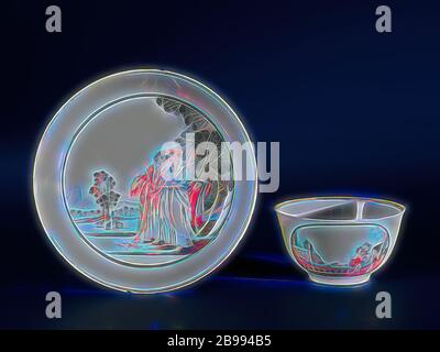 Glockenförmige Tasse und Untertasse mit Europäischen Figuren in einer Landschaft, Glockenförmigen Porzellan Tasse und Untertasse malte auf der Glasur in Blau, Rot, Rosa, Gelb, Braun, Schwarz und Gold. Auf der Platte der Schüssel ein bewaffneter Mann und eine Frau in einer Landschaft mit Bergen und Bäumen, hinter Ihnen eine Dritte Person, im Hintergrund ein Hirte mit 3 Schafen. Der Kopf mit dem gleichen Dekoration in einem Medaillon, mit in einem zweiten Medaillon eine europäische Frau mit Kind auf einem Stuhl mit einer Burg im Hintergrund. Ein paar Chips in den Rand der Schüssel, einen Chip in den Kopf. Europäische Vertretung in Emaille Farben., Ano Stockfoto