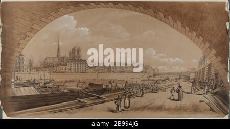 Die Spitze des Ile Saint Louis, Notre Dame Mail (Harbour City Hall) Kais der Stadt und des Quai aux Fleurs und der Brücke von Arcola, Im April 1885 unter einem Bogen von Louis Philippe geschossen. Brückenansicht der Pariser Inseln und flussabwärts der seine von der Plattform unter einem Bogen von pont Louis-Philippe. Jules-Adolphe Chauvet (1828-1906). "La pointe de l'Ile Saint Louis, Notre Dame Le Mail (Port de l'Hôtel de Ville) quai de la Cité et quai aux Fleurs et le pont d'Arcole, vue pry sous une arche du pont Louis Philippe. Vue des îles de Paris et de l'aval de la seine depuis le quai sous une arche d Stockfoto