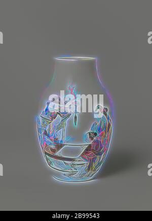 Ovale Vase mit vier Damen und zwei Kinder an einem Tisch und mit einer Inschrift, Ei-förmigen Vase aus Porzellan mit einem breiten, kurzen Hals, auf die Glasur in Blau, Rot, Rosa, Grün, Gelb, Lila, Schwarz und Gold bemalt. An der Wand eine Szene von zwei 'go' spielen Damen an einem Tisch mit vier Zuschauern, zwei Damen und zwei Kinder, neben dem Zuschauer eine Blumenvase, hinter den spielen Frauen eine Tabelle mit Antiquitäten (Vase mit Pfauenfedern, Korallen, Zepter, Musik Stein, räuchergefäß), neben der Tabelle zwei große Vasen. Auf der anderen Seite eine Inschrift "Bild von einem Spiel "go", Malte am Tag der Stockfoto