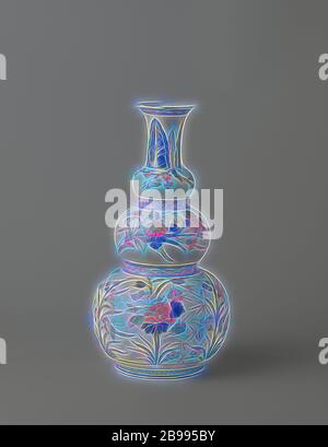 Triple Kürbis Vase im japanischen Stil mit großen Blume Sprays gemalt, Knopf Vase aus Porzellan mit drei Knötchen und die Verbreitung von Hals, in unterglasur Blau und auf der Glasur mit Rot, Grün und Gold bemalt. Im japanischen Stil mit großen Blume Sprays (Prunus, Chrysantheme, Pfingstrose, Hibiskus und Iris), eine Band mit ständigen Blattmotiven auf den Ansatz, die zwischen den Knoten und am Rande einer Band mit Serviette mit Blume, einem dekorativen Band rund um den Fuß gemalt. Chinesischen Imari, Jean Theodore Royer, anonyme, China, C. 1700 - C. 1724, Qing- Dynastie (1644-1912)/Kangxi-Periode (1662-1722)/Yongzheng - peri Stockfoto