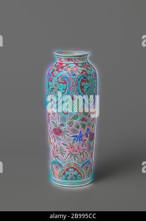 Zylindrische Vase mit Blumen Sprays und blättert in geformten Panels, zylindrische Vase aus Porzellan mit einer breiten, leicht verbreiten Hals, malte auf der Glasur in Blau, Rot, Grün, Gelb, Aubergine, Schwarz und Gold. Separate Blume Sprays an der Wand. Rund um den Fuß und auf der Schulter, eine Band mit Wellenschliff Kartuschen oder lambrequins mit blume Sprays und Filialen. Auf der Schulter die Band wird von vier gelappt Kartuschen mit einer Blume, Zweigstelle unterbrochen. Der Hals mit blume Sprays. Imari, Jean Theodore Royer, anonym, Japan, C. 1700 - C. 1725, Edo-Periode (1600-1868), Porzellan (Material), Glasur, Gol Stockfoto