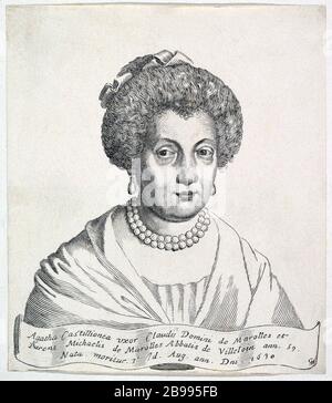 1630 Ca, FRANKREICH: Französische Adelige AGATHE DE CHATILLON de MAROLLES (* 1571 in Paris; † 1630). Graviertes Porträt von Claude mellan (* 1598 in Paris; † 1688), 1755. Das 1594 mit Claude DE MAROLLES (* 1564; † 1633) verheiratete Paar hatte zwei Söhne: Den gefeierten Abbé Michel de Marolles (* 1600; † 1681) und Louis de Marolles (* 1601; † 1651). - ADEL - NOBILI francesi - Nobiltà francese - FRANCIA - illuzazione - Illustration - Gravur - Incisione - Perlen Halskette - Collana di perle - Ohrtropfen - orecchini - perla -- ARCHIVIO GBB Stockfoto