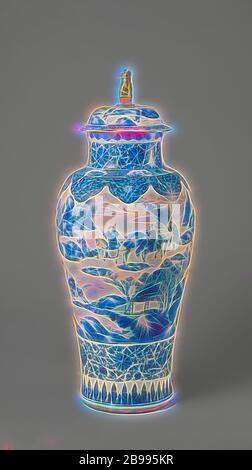 Kunst Elemente Vase mit einer Jagdszene und Grenzen mit floralen blättert, Groß, Kunst Elemente-förmige Vase aus Porzellan, in unterglasur blau und gold Glasur gemalt. Auf dem Bauch einer Jagdszene mit Jäger zu Pferde und zu Fuß mit Waffen und Hunde in einer Landschaft mit Bäumen, Bergen und Felsen. Unten ein Band mit Lotus Reben. Über dem Fuß eine Band mit ständigen Blattmotiven. Auf der Schulter eine Band mit lambrequins mit wechselnden Lotus Blumen und Weinreben. Über, dass sich eine Band mit Server arbeiten mit einer Blume Rosette von Kartuschen mit blühenden Pflanzen (Lotus, Pfingstrose, Bambus, Chrysantheme unterbrochen, Stockfoto