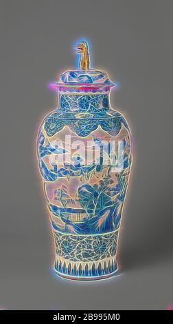 Kunst Elemente Vase mit einer Jagdszene und Grenzen mit floralen blättert, Groß, Kunst Elemente-förmige Vase aus Porzellan, in unterglasur blau und gold Glasur gemalt. Auf dem Bauch einer Jagdszene mit Jäger zu Pferde und zu Fuß mit Waffen und Hunde in einer Landschaft mit Bäumen, Bergen und Felsen. Unten ein Band mit Lotus Reben. Über dem Fuß eine Band mit ständigen Blattmotiven. Auf der Schulter eine Band mit lambrequins mit wechselnden Lotus Blumen und Weinreben. Über, dass sich eine Band mit Server arbeiten mit einer Blume Rosette von Kartuschen mit blühenden Pflanzen (Lotus, Pfingstrose, Bambus, Chrysantheme unterbrochen, Stockfoto