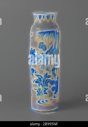 Hülse vase Vase mit Zahlen in einem kontinuierlichen Landschaft, zylindrische Vase (Katze) aus Porzellan mit einem weiten Verbreitung Hals, lackiert Unterglasur blau. An der Wand ein kontinuierlicher Landschaft mit Bergen, Bäumen (Willow, Bananen Pflanze) und Felsen. Hierin eine Würde und seiner Entourage. Er erhält ein Ochse Herde oder Junge auf ein Ochse. Am Rande einer Band mit hängenden, wies Blattmotiven. Übergangszeit Porzellan in Blau und Weiß., Bäume, Beamter, Beamtin, Beamter (im Allgemeinen), Jean Theodore Royer, anonyme, China, C. 1635 - C. 1650, Ming-Dynastie (1368-1644)/Ch'ing-Dynastie (1644-1912)/Chongzhen - peri Stockfoto