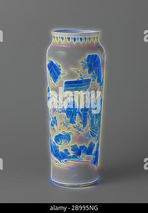 Hülse vase Vase mit Zahlen in einem kontinuierlichen Landschaft, zylindrische Vase (Katze) aus Porzellan mit einer breiten, leicht verbreiten Hals, in unterglasur blau lackiert. An der Wand ein kontinuierlicher Landschaft mit Bergen, Bäumen und Felsen. Dies beinhaltet eine offizielle und seinem Gefolge und einen Rollstuhl. Er erhält ein Ochse Hirte mit seinen Ochsen. Der Hirte sitzt auf seinen Knien vor der Würde des Menschen. Am Hals eine Band mit hängenden, wies Blattmotiven. Übergangszeit Porzellan in Blau und Weiß, Baldachin, Baldachin, Jean Theodore Royer, anonyme, China, C. 1635 - C. 1650, Ming-Dynastie (1368-1644) und Qing-d Stockfoto