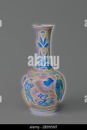 Flasche Vase mit Kriegern und Wissenschaftler in einer Landschaft, die Flasche-förmige Porzellan Vase mit eine eiförmige Körper und eine lange, leicht verbreiten Hals. In Unterglasur blau lackiert. Auf dem Bauch zwei Krieger und zwei Wissenschaftler in einer Landschaft mit Bergen, Felsen und Pflanzen. Auf der Schulter eine Band mit floralen Schriftrollen. Den Hals mit zweimal eine Tulpe Motiv und Glück Symbole. Übergangszeit Porzellan in Weiß und Blau, Jean Theodore Royer, anonyme, China, C. 1635 - C. 1650, Ming-Dynastie (1368-1644)/Ch'ing-Dynastie (1644-1912)/Chongzhen-Periode (1628-1644)/Shunzhi-Periode (1644-1661), Porzellan (Material), gla Stockfoto