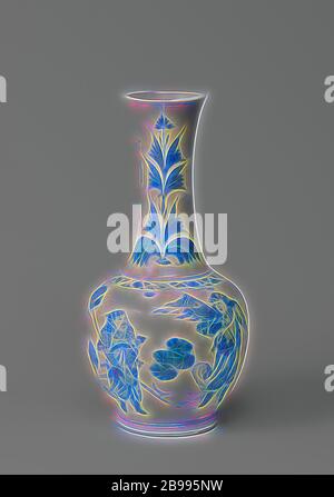 Flasche Vase mit vier Krieger in einer Landschaft, die Flasche-förmige Porzellan Vase mit eine eiförmige Körper und eine lange, leicht verbreiten Hals. In Unterglasur blau lackiert. Vier Krieger auf dem Bauch in einer Landschaft mit Felsen und Pflanzen. Auf der Schulter eine Band mit floralen Schriftrollen. Den Hals mit zweimal eine Tulpe Motiv und Glück Symbole. Der Hals wurde wiederhergestellt. Übergangszeit Porzellan in Weiß und Blau, Jean Theodore Royer, anonyme, China, C. 1635 - C. 1650, Ming-Dynastie (1368-1644)/Ch'ing-Dynastie (1644-1912)/Chongzhen-Periode (1628-1644)/Shunzhi-Periode (1644-1661), Porzellan (Material), Glasur, cob Stockfoto