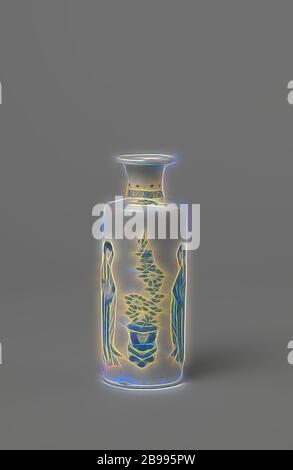 Kleine zylindrische Vase mit zwei chinesischen Damen und Glückssymbole, Kleine, zylindrische Vase aus Porzellan mit einem kurzen Hals und flachen Rand, in unterglasur blau lackiert. An der Wand zwei chinesische Damen (lange Zeilen) mit einer blühenden Aster in einem Topf. Auf der anderen Seite, Antiquitäten und Wertsachen (Vase mit Pfauenfedern, Räuchergefäß, Pearl und Spiegel). Auf der Schulter drei Wertsachen (Perle, Diamant, musikalischen Stein). Am Hals eine Band mit Spirale Arbeit und Punkten. Auf der Unterseite mit der vierstelligen mark Kaiser Chenghua in einem doppelten Kreis markiert. Blau und Weiß, Jean Theodore Royer, anony Stockfoto