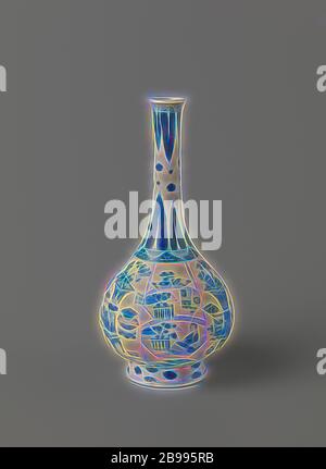 Pear-shaped Flasche Vase mit glückssymbole und eine Chinesische Dame mit einem Ventilator, Flasche-förmige Porzellan Vase mit einem Birnenförmigen Körper und langen, schmalen Hals, in unterglasur blau lackiert. Der Bauch ist in 6 Fächer aufgeteilt, mit Lucky Objekte in drei: Antiquitäten (Vase mit prunus Zweig, ruyi-Zepter, Schriftrollen, räuchergefäß). In den anderen drei Fächern eine glückliche Symbol mit zwei fächerförmige Kartuschen unten mit einer Terrasse in der Nähe einen Pavillon und einen liegenden chinesischen Dame mit einem Ventilator in der Nähe von einem Tisch, Zaun und Pavillon. Buchen Sie unten. Den Hals mit aufrecht stehend und hängend, wies Blattmotiven und Lose fl Stockfoto