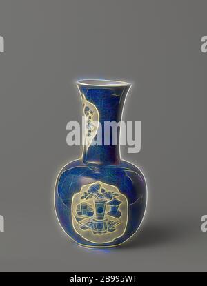 Vase mit Pulver blau, Antiquitäten und Blume Sprays, Vase aus Porzellan mit sphärischen Körper und breit, breiter Hals, in unterglasur blau lackiert. Die Vase ist mit Bleu poudré (Pulver blau) mit drei scalloped Boxen mit Antiquitäten, Wertgegenstände und Objekte, die von den Gelehrten verwendet: Bücher, Pinsel, Rollen, etc., auf dem Hals zwei Blattförmige behält sich mit blume Sprays und Insekten. Bleu poudré mit Blau und Weiß., Jean Theodore Royer, anonyme, China, C. 1700 - C. 1724, Qing- Dynastie (1644-1912)/Kangxi-Periode (1662-1722)/Yongzheng-Periode (1723-1735), Porzellan (Material), Glasur, Cobalt (Minera Stockfoto