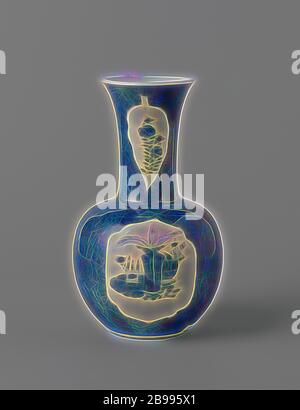 Flasche Vase mit Pulver blau, Antiquitäten und Blume Sprays, Flasche-förmige Porzellan Vase mit einer breiten, breiter Hals, bedeckt mit und in unterglasur blau lackiert. Drei scalloped Kartuschen mit Antiquitäten auf dem Bauch (Vase mit Pfauenfedern, Blumenvase, Lotus Blatt, perseel Inhaber, Schriftrollen, Ventilator, ruyi Zepter, Räuchergefäß, Lotus Zepter, Bücher). Am Hals zwei blattförmige Kartuschen mit blume Sprays (Aster, schöne Nelke). Blau poudré, Jean Theodore Royer, anonyme, China, C. 1700 - C. 1724, Qing- Dynastie (1644-1912)/Kangxi-Periode (1662-1722), Porzellan (Material), Glasur, Kobalt Stockfoto