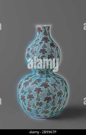 Kolben in Form einer Flasche Kürbis mit Fledermäusen Doppel Kürbis Vase mit Fledermäusen, Kürbisse, Blätter und Ranken, Kürbis-förmigen Porzellan Flasche mit einem leicht verbreiten, gemalt in unterglasur Rot mit einem kontinuierlichen Dekoration der kleine Kürbisse, Blätter und Ranken mit Fledermäusen. Auf der Unterseite ein altes Label mit: Royal Academy of Arts, London/Internationale Ausstellung chinesischer Kunst, 1935-6/Ser. Nr. 1054/Eigentümer R. kann, Zeist, Holland und einer zerrissenen alten Label mit: Freunde für Asiatische Kunst Unterglasur Kupfer Rot., anonym, China, C. 1750 - C. 1799, Qing- Dynastie (1644-1912) und Qianlong Periode (17. Stockfoto