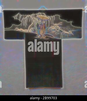 Männer nagajuban mit Liebe Paare, die in den Schnee, Onderkimono (nagajuban) für einen Mann mit einer Dekoration auf der Rückseite der Darstellung eines jungen Paares zu Fuß unter einem Regenschirm in einer verschneiten Landschaft mit einer Weide, Bambus und zwei Mandarin Enten im Wasser, durch Wolken am oberen umgeben. Vermutlich durch einen Druck von Harunobu inspiriert. Die zwei Enten sind ein Symbol der Loyalität. Unten auf der Rückseite mit einem Muster von FUKU die Zeichen '' ('Glück') und 'kotobuki' ('Long life'). Braun Silk mit Stenciled yuzen Dekoration. Weißer Seide Innenfutter., anonym, Japan, 1920-1940, Seide, Malerei, h 133 cm x W132 Stockfoto