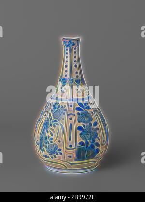 Pear-shaped Flasche Vase mit blühenden Pflanzen und Punkte in einem Panel Dekoration, Flasche-förmige Porzellan Vase mit einem Birnenförmigen Körper und einem leicht verbreiten Hals, in unterglasur blau lackiert. Die Äußere Mauer ist auf dem Bauch in breiten und schmalen rechteckigen Fächer modelliert. In der breite Fächer, jedes Mal eine blühende Pflanze auf dem Felsen, der den engen Abschnitten mit Streifen und Punkten. Schmale, rechteckige Taschen auf dem Hals mit Perlen Gehänge mit Quasten. Die Abschnitte sind durch ein Band mit ruyi Motive unterbrochen. An der Außenseite eine Band mit Blumen in Medaillons. Ein dekoratives Band um die fo Stockfoto