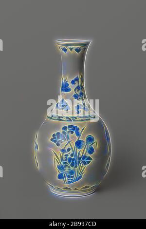 Pear-shaped Flasche Vase mit blühenden Pflanzen, Flasche-förmige Porzellan Vase mit einem Birnenförmigen Körper und die Verbreitung von Hals, in unterglasur blau lackiert. Blühende Pflanzen, die vier Jahreszeit Blumen, auf dem Bauch dargestellt: Pfingstrose (Frühling), Lotus (Sommer), Chrysantheme (Herbst) und Prunus-unterlagen (Winter). Blume Reben und Schmetterlinge auf den Hals. Über dem Fuß, auf der Kante und der Schulter eine Band mit floralen Schriftrollen. Blau-weiß, Blumen, Ornament, anonym, China, C. 1680 - C. 1720, Qing- Dynastie (1644-1912)/Kangxi-Periode (1662-1722), Porzellan (Material), Glasur, Cobalt (Mineral), Verglasung, Stockfoto