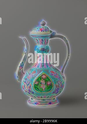 Ewer mit blume Sprays, ornamentalen Grenzen und Jungen unter Lotus Pflanzen, Porzellan Kanne mit einem Birnenförmigen Körper, lange S-förmige Auslauf, Ausbreitung der Maul- und ein Ohr. In unterglasur Blau und auf die Glasur in Blau, Rot, Rosa, Grün, Gelb, Schwarz und Gold bemalt. An der Wand zwei Kartuschen mit einem Jungen auf einem lotusblatt zwischen Lotus ranken modelliert, Blume Sprays auf beiden Seiten der Kartuschen, einem dekorativen Band mit Ranken in den Fächern auf die Schulter und rund um den Fuß, Blume Reben auf eine ringförmige Verdickung im Nacken vor, dass ein Zierband mit gewelltem Abschnitte, die Grenze mit einem Decora Stockfoto