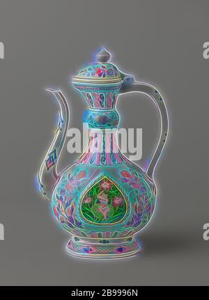 Ewer und Deckel mit Blumensprays, Zierrahmen und Jungen unter Lotuspflanzen, Porzellan Krug, in Unterglasur blau und auf der Glasur in blau, rot, rosa, grün, gelb, schwarz und Gold gemalt. Auf dem Deckel mit zwei Blütensprays. Europäische (Samson) Imitation von chinesischem Porzellan mit Emaille-Farben., Samson und Cie., Paris, c. 1875 - c. 1899, Qing-Dynastie (1644-1912), Porzellan (Material), Glasur, Gold (Metall), Vitrifikation, H 6.2 cm × l 10 cm × B 6.2 cm, neu gestaltet von Gibon, Design von warmen fröhlich Leuchten der Helligkeit und Lichtstrahlen Ausstrahlung. Klassische Kunst neu erfunden mit einem modernen Twist. Photograp Stockfoto