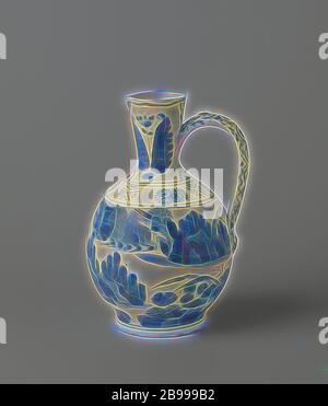 Ewer mit zwei Figuren in einer Landschaft, Schriftrollen und tulip Motiv, Porzellan Kanne mit einem kugelförmigen Körper, Hals und c-förmige Ohr, in unterglasur blau lackiert. Auf dem Bauch eine kontinuierliche Landschaft mit zwei stehende Personen unter Bäume, blühende Pflanzen und Felsen. Die Schulter mit einem dekorativen Band. Zwei tulip Motiven, die auf dem Hals. Das Ohr mit Ranken, im Ohr ein Metall Kugelschreiber, wahrscheinlich aus einem Deckel. Ein Chip in der Kante, Rand leicht abgenutzt, möglicherweise aufgrund eines fehlenden Rahmen. Arita, Blau und Weiß., anonym, Japan, C. 1655 - C. 1680, Edo-Periode (1600-1868), Porzellan (Material), Glasur, Cobalt (Minera Stockfoto