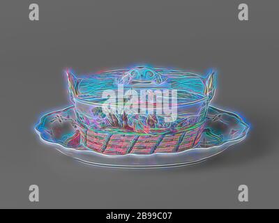 Zwei Butterteller mit Deckel und Untertasse Butterteller mit Deckel und Untertasse, bunt bemalt mit Hafengesicht und Bandwork, Butterteller (A-1) mit Deckel (A-2) auf einer Untertasse (A-3) bunt bemalt mit Hafenblick. Entlang der Unterseite drei Bänder von einem Blatt Schlinge gewickelt. Die Bodenplatte, oval mit einem geschwungenen Rand, ist mit einer mediterranen Landschaft verziert. Einzelne Blütenzweige um ihn herum. V in Unterglasur blau, Hafen, anonym, Delft, c. 1735 - c. 1755, neu gestaltet von Gibon, Design von warmen fröhlich glühen von Helligkeit und Lichtstrahlen Ausstrahlung. Klassische Kunst neu erfunden mit einem modernen tw Stockfoto