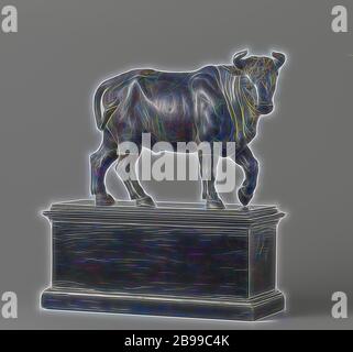 Stier Stier, das linke Vorderbein wird angehoben, der Kopf nach rechts gedreht, was schwere Nackenfalten verursacht, der Schwanz trifft den rechten Schaft., Stier, Schloss Hessen, Hans Reisinger (zugeschrieben), Augsburg, c. 1590 - c. 1598, Bronze (Metall), H 22.1 cm × H 33.5 cm × B 33.5 cm × T 14 cm × B 8.3 kg, neu gestaltet von Gibon, Design von warmen fröhlich glühen von Helligkeit und Lichtstrahlen Ausstrahlung. Klassische Kunst neu erfunden mit einem modernen Twist. Fotografie inspiriert von Futurismus, umarmt dynamische Energie der modernen Technologie, Bewegung, Geschwindigkeit und Kultur revolutionieren. Stockfoto