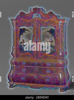 Spiegelschrank Spiegelschrank mit Türen, in dem chinesischen Stil Gemälde backglass mit Kränen und Wasserpflanzen, Spiegelschrank mit mehreren Arten von Holz auf einer Eiche Kern besteht aus einer oberen und unteren Schrank geklebt. Die Basis hat abgerundete Ecke stellen, drei Schubladen und ruht auf Kralle Stücke. Die Türen der oberen Schrank spiegel mit 'backglass Paintings' im chinesischen Stil, mit Kränen in der Mitte von Wasserpflanzen und Reed. Die Haube hat einen Spiegel in der Mitte mit einem gemalten fliegende Kran Follower. Silver Fittings mit Amsterdam city Markenzeichen und Maker's Mark DF (ATTRI Stockfoto