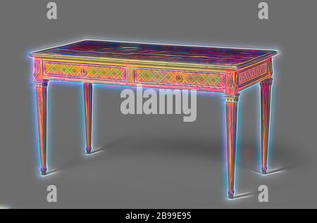 Schreiben Tabelle mit zwei Schubladen und mit Leder top mit gold Briefmarken. Kupfer Ornamente. Beine mit Glocken in Intarsien. Komplett mit verschiedenen Arten von Holz geklebt, mit satin Holz auf einer Eiche Kern verklebt. Die konische Beinen, die in Abschnitt quadratisch sind, zeigen Glocken in der Marketerie, an der Spitze mit einem hervorragenden Krone mit Kupfer Dreiecke, unter einer überstehenden Rand platziert. Die zwei Schubladen der vorderen Linie sind mit einer Kupfer Grenze der Wunde bars getrimmt und mit einem Rautenmuster mit Vierblättrigen Rosetten verziert. Runde Traktoren. An den Ecken ein Vorhänge, zog durch einen Ring. Blatt mit c Stockfoto