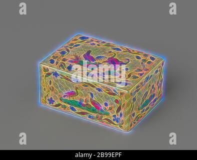 Schnupftabakkarton aus Gold, rechteckig, verziert mit Tieren und Ranken in transluzidem Email, rechteckige goldene Schnupftabakkarton, mit Tieren und Ranken in transluzidem Email auf einem Diamantmuster graviert mit Gold Diamant, Vögel, Blumen, Ornament, Jean George, Paris, c. 1752, Gold (Metall), H 3.8 cm × B 8.1 cm × T 6.1 cm × B 221 gr, neu gestaltet von Gibon, Design von warmen fröhlich glühen von Helligkeit und Lichtstrahlen Ausstrahlung. Klassische Kunst neu erfunden mit einem modernen Twist. Fotografie inspiriert von Futurismus, umarmt dynamische Energie der modernen Technologie, Bewegung, Geschwindigkeit und Kultur revolutionieren. Stockfoto